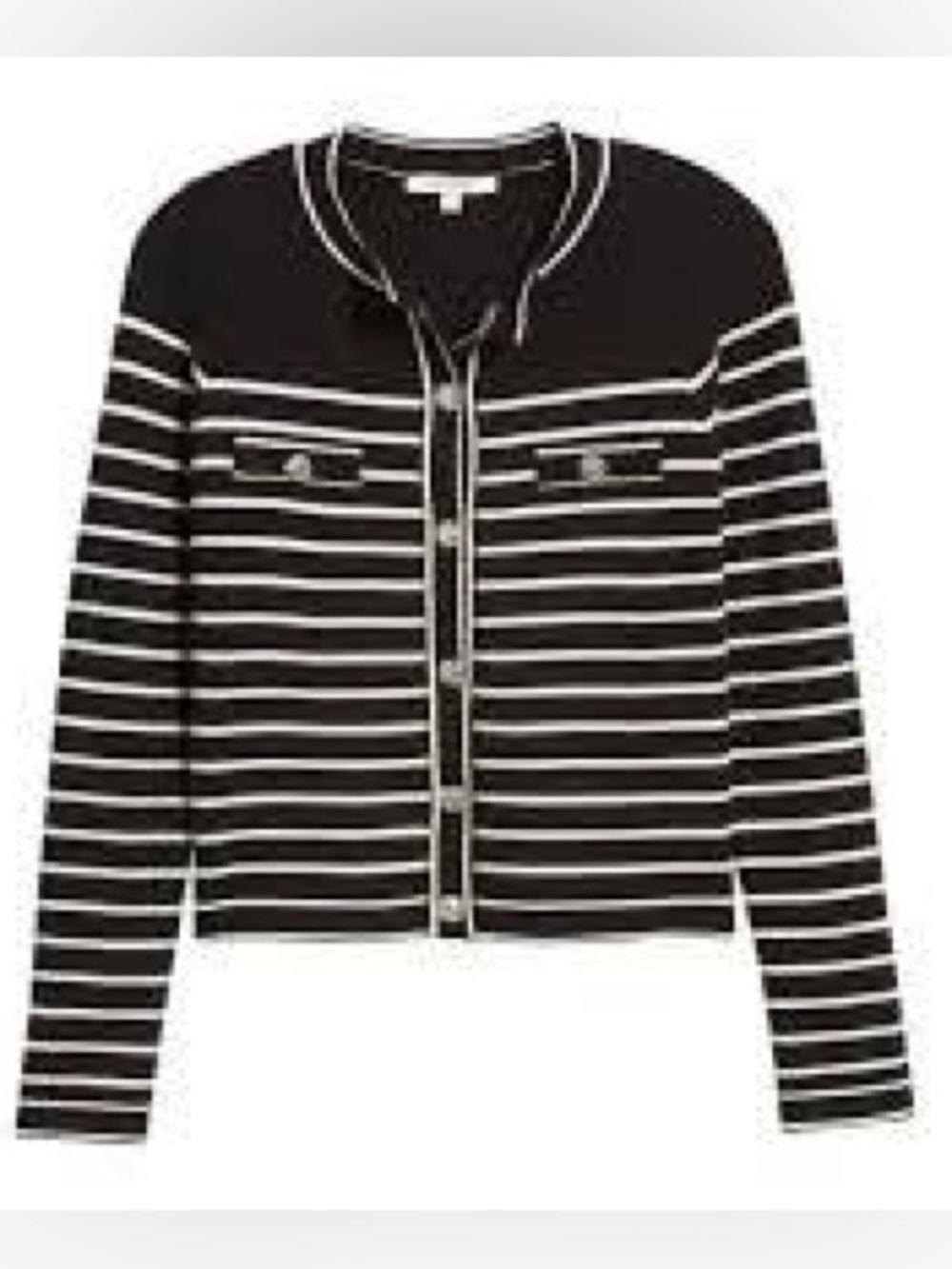 ZOE AND CLAIREStriped Black & White Button Cardigan with Silver Dime Buttons
